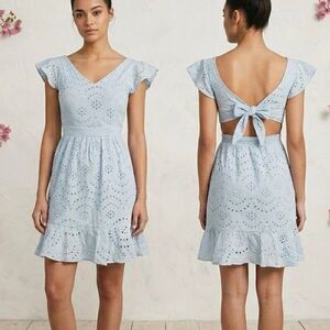 Jessica Simpson Blue Eyelet Cotton Mini Dress XS Open Back Tie Ruffle Boho